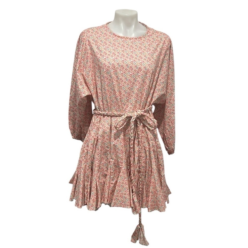 Storia pink floral cotton cottage core long balloon sleeve mini dress small
